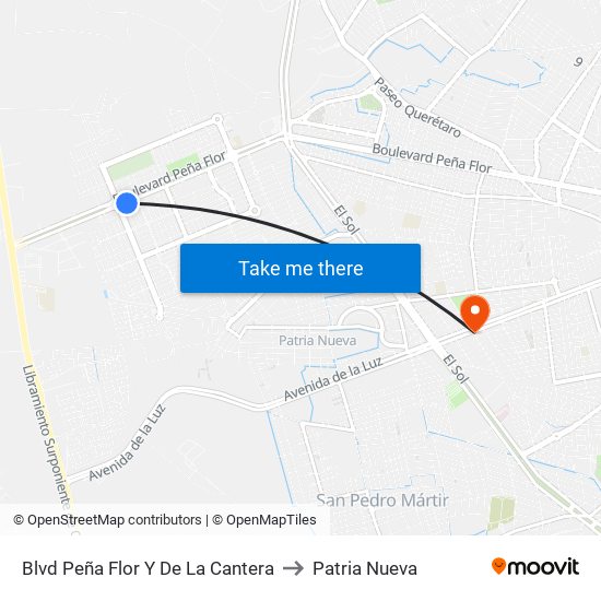 Blvd Peña Flor Y De La Cantera to Patria Nueva map