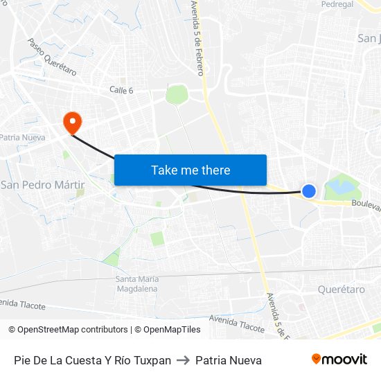 Pie De La Cuesta Y Río Tuxpan to Patria Nueva map