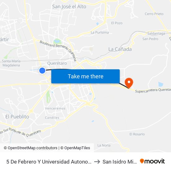 5 De Febrero Y Universidad Autonoma De Qro. to San Isidro Miranda map