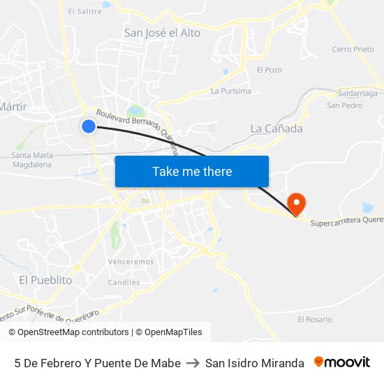 5 De Febrero Y Puente De Mabe to San Isidro Miranda map