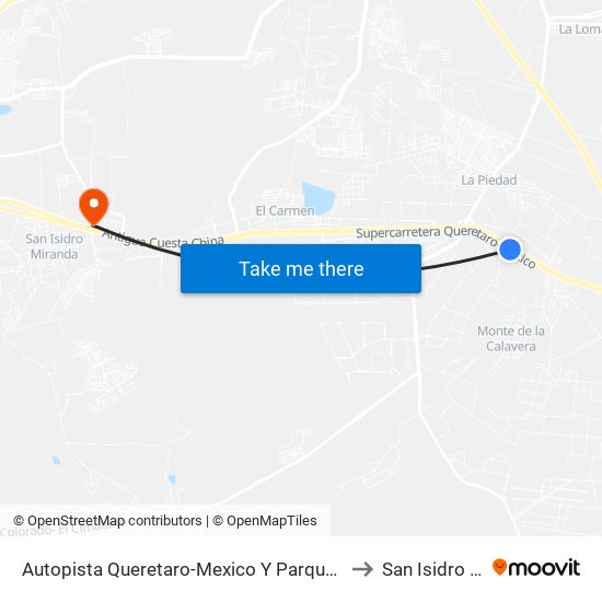 Autopista Queretaro-Mexico Y Parque Industrial El Marques to San Isidro Miranda map