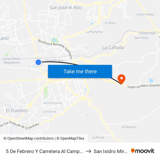 5 De Febrero Y Carretera Al Campo Militar to San Isidro Miranda map