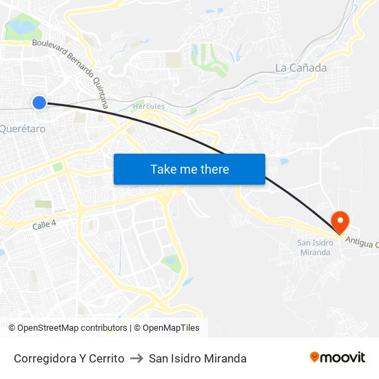 Corregidora Y Cerrito to San Isidro Miranda map