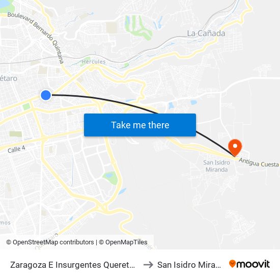 Zaragoza E Insurgentes Queretanos to San Isidro Miranda map