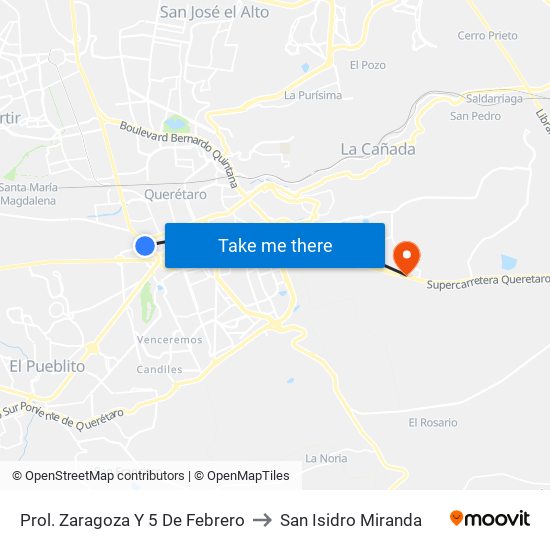 Prol. Zaragoza Y 5 De Febrero to San Isidro Miranda map
