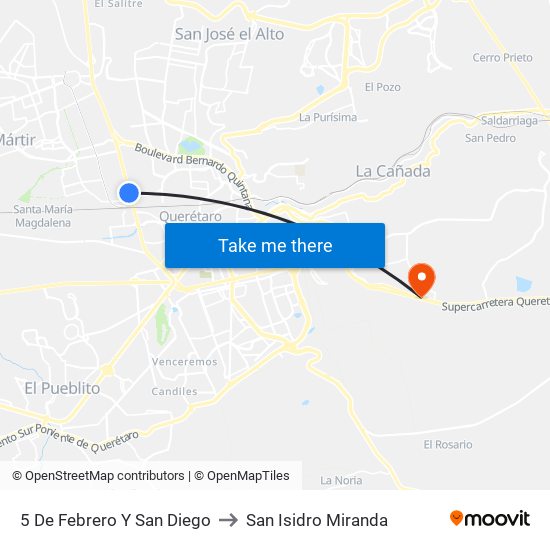 5 De Febrero Y San Diego to San Isidro Miranda map