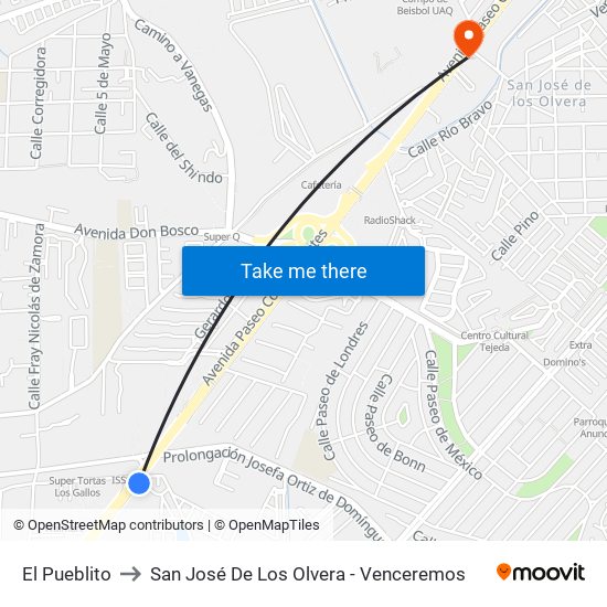 El Pueblito to San José De Los Olvera - Venceremos map