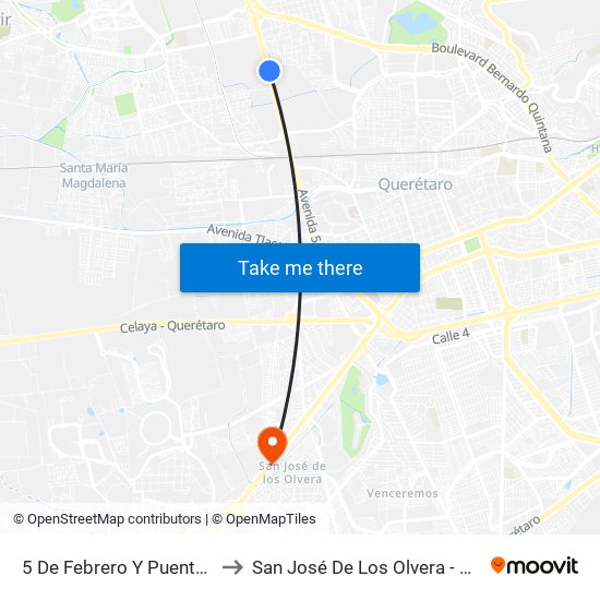 5 De Febrero Y Puente De Mabe to San José De Los Olvera - Venceremos map