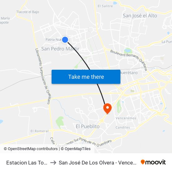 Estacion Las Torres to San José De Los Olvera - Venceremos map
