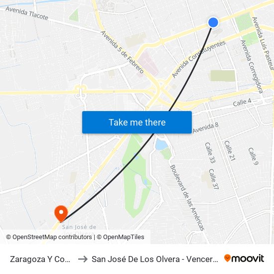 Zaragoza Y Coppel to San José De Los Olvera - Venceremos map