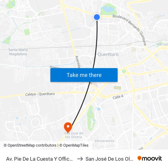Av. Pie De La Cuesta Y Office Max Bernardo Quintana to San José De Los Olvera - Venceremos map