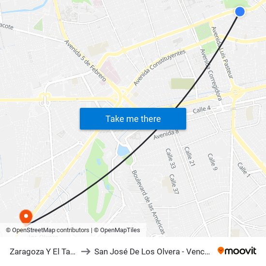 Zaragoza Y El Tanque to San José De Los Olvera - Venceremos map
