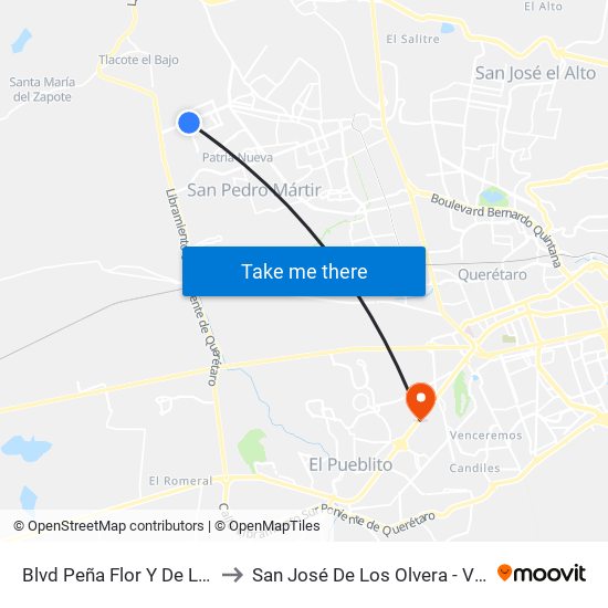Blvd Peña Flor Y De La Cantera to San José De Los Olvera - Venceremos map