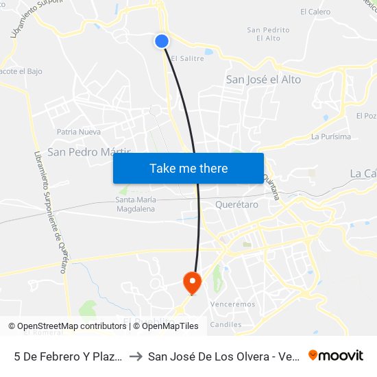 5 De Febrero Y Plaza Antea to San José De Los Olvera - Venceremos map