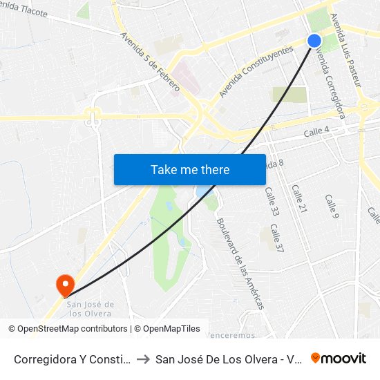 Corregidora Y Constituyentes to San José De Los Olvera - Venceremos map