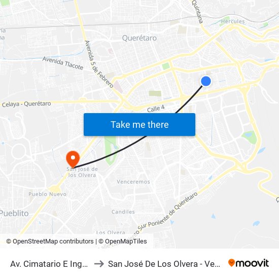 Av. Cimatario E Ingenieros to San José De Los Olvera - Venceremos map