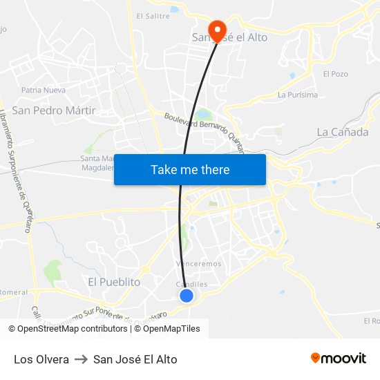 Los Olvera to San José El Alto map