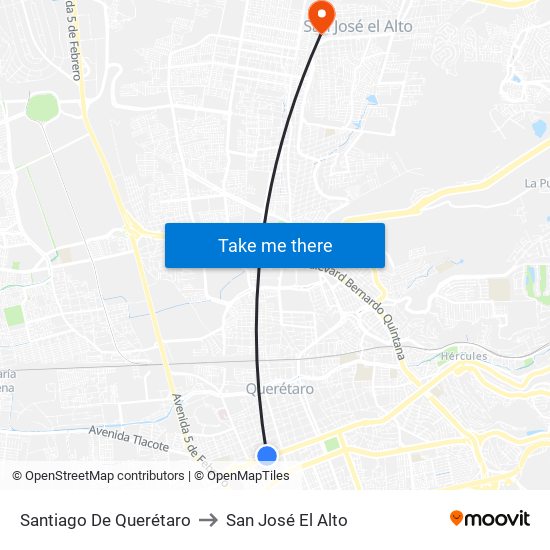 Santiago De Querétaro to San José El Alto map