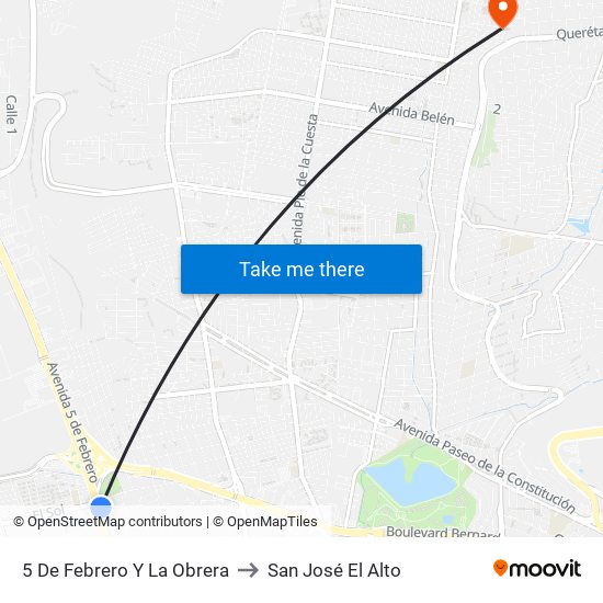 5 De Febrero Y La Obrera to San José El Alto map