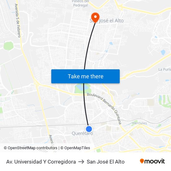 Av. Universidad Y Corregidora to San José El Alto map