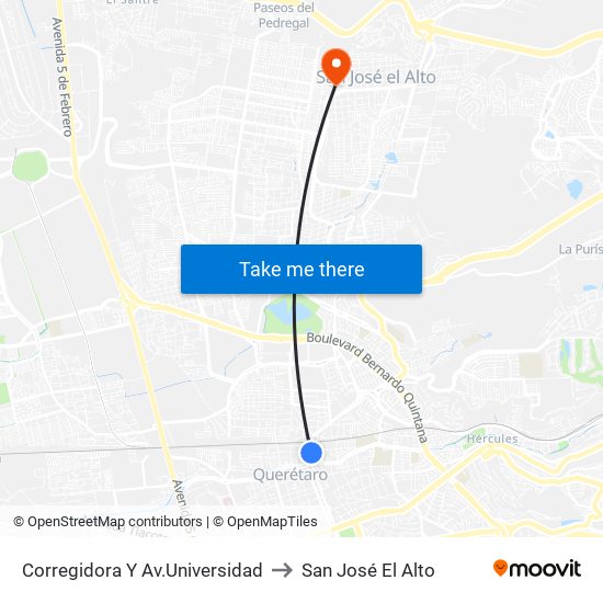 Corregidora Y Av.Universidad to San José El Alto map