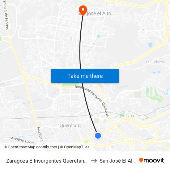 Zaragoza E Insurgentes Queretanos to San José El Alto map