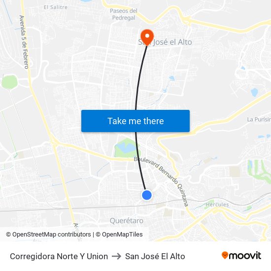 Corregidora Norte Y Union to San José El Alto map