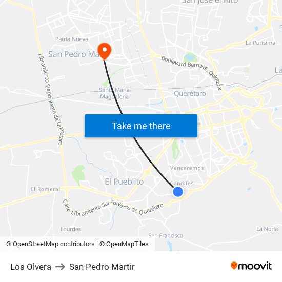 Los Olvera to San Pedro Martir map