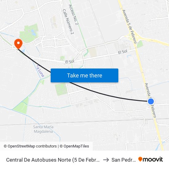 Central De Autobuses Norte (5 De Febrero Y Epigmenio González) to San Pedro Martir map