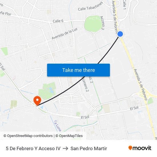 5 De Febrero Y Acceso IV to San Pedro Martir map