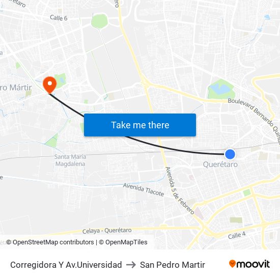 Corregidora Y Av.Universidad to San Pedro Martir map