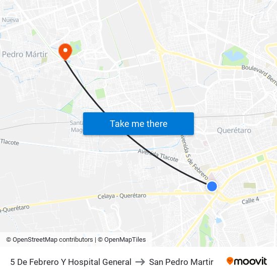 5 De Febrero Y Hospital General to San Pedro Martir map