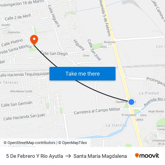 5 De Febrero Y Río Ayutla to Santa María Magdalena map
