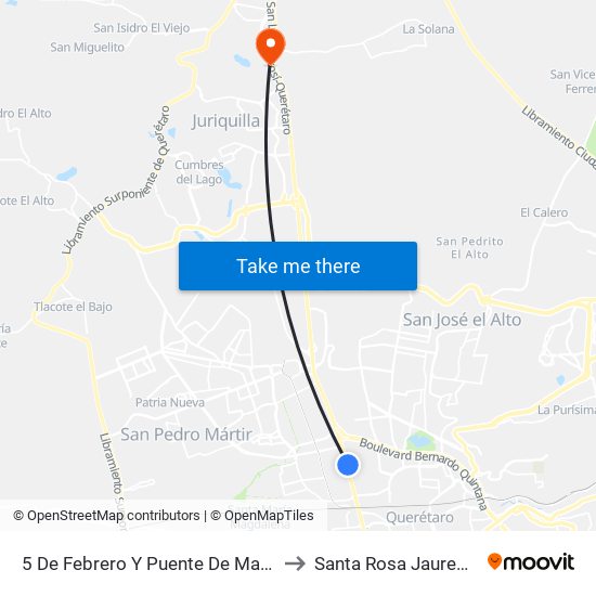 5 De Febrero Y Puente De Mabe to Santa Rosa Jauregui map