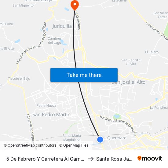 5 De Febrero Y Carretera Al Campo Militar to Santa Rosa Jauregui map