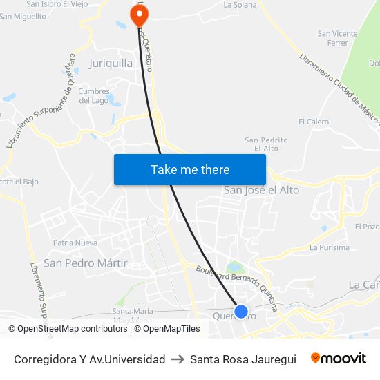 Corregidora Y Av.Universidad to Santa Rosa Jauregui map