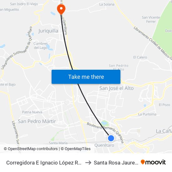 Corregidora E Ignacio López Rayón to Santa Rosa Jauregui map