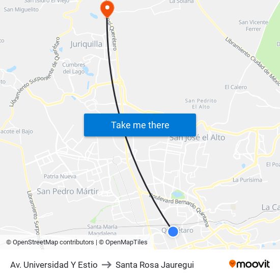 Av. Universidad Y Estio to Santa Rosa Jauregui map