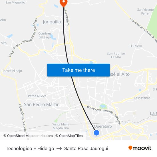Tecnológico E Hidalgo to Santa Rosa Jauregui map