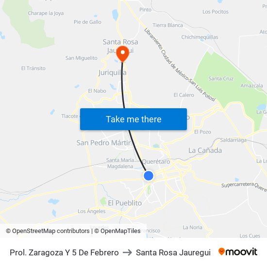 Prol. Zaragoza Y 5 De Febrero to Santa Rosa Jauregui map