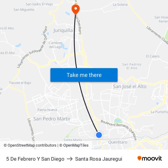 5 De Febrero Y San Diego to Santa Rosa Jauregui map