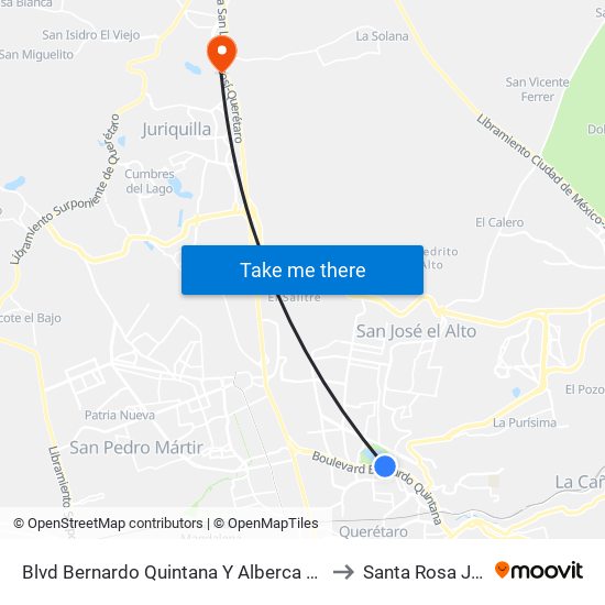 Blvd Bernardo Quintana Y Alberca Queretaro 2000 to Santa Rosa Jauregui map