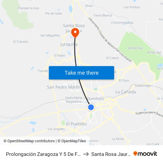 Prolongación Zaragoza Y 5 De Febrero to Santa Rosa Jauregui map