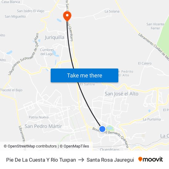 Pie De La Cuesta Y Río Tuxpan to Santa Rosa Jauregui map