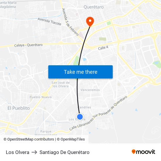 Los Olvera to Santiago De Querétaro map
