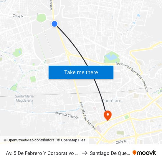 Av. 5 De Febrero Y Corporativo Santander to Santiago De Querétaro map