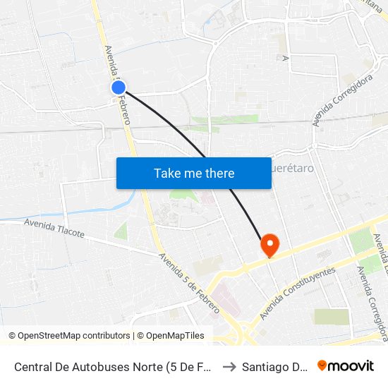 Central De Autobuses Norte (5 De Febrero Y Epigmenio González) to Santiago De Querétaro map