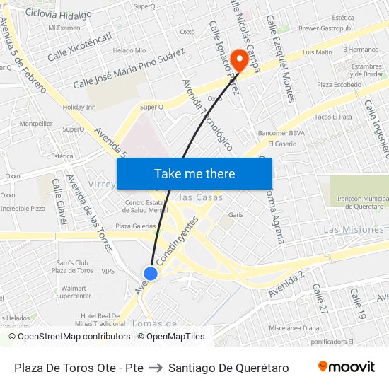 Plaza De Toros Ote - Pte to Santiago De Querétaro map