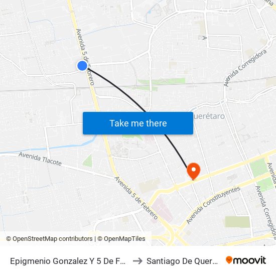 Epigmenio Gonzalez Y 5 De Febrero to Santiago De Querétaro map