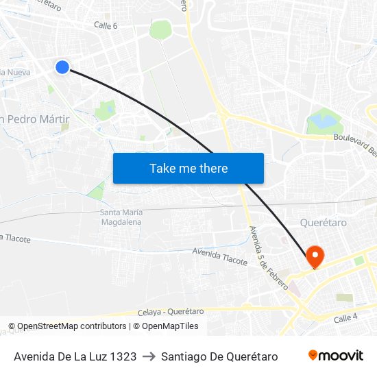Avenida De La Luz 1323 to Santiago De Querétaro map